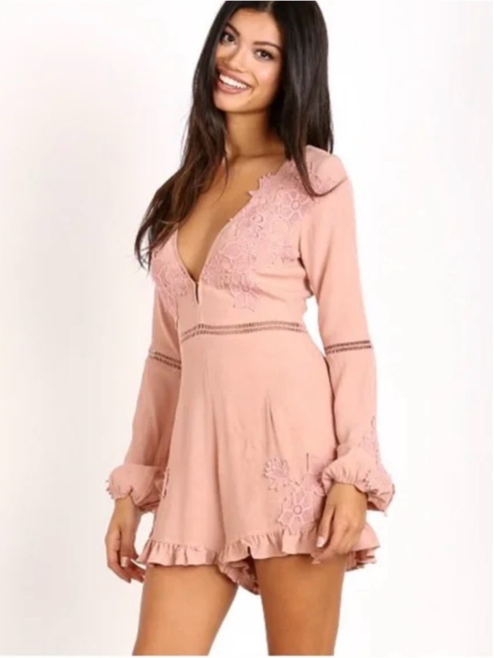 For Love & Lemons Floral Romper Size SM Dusty Rose Lace Detail Plunge Neckline